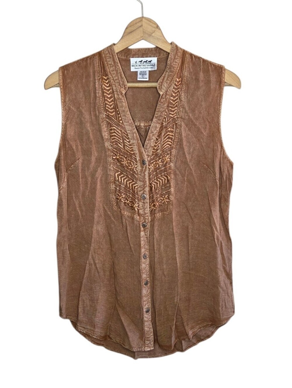 Back in the Saddle Brown Embroidered Sleeveless Button Front Shirt Size Large